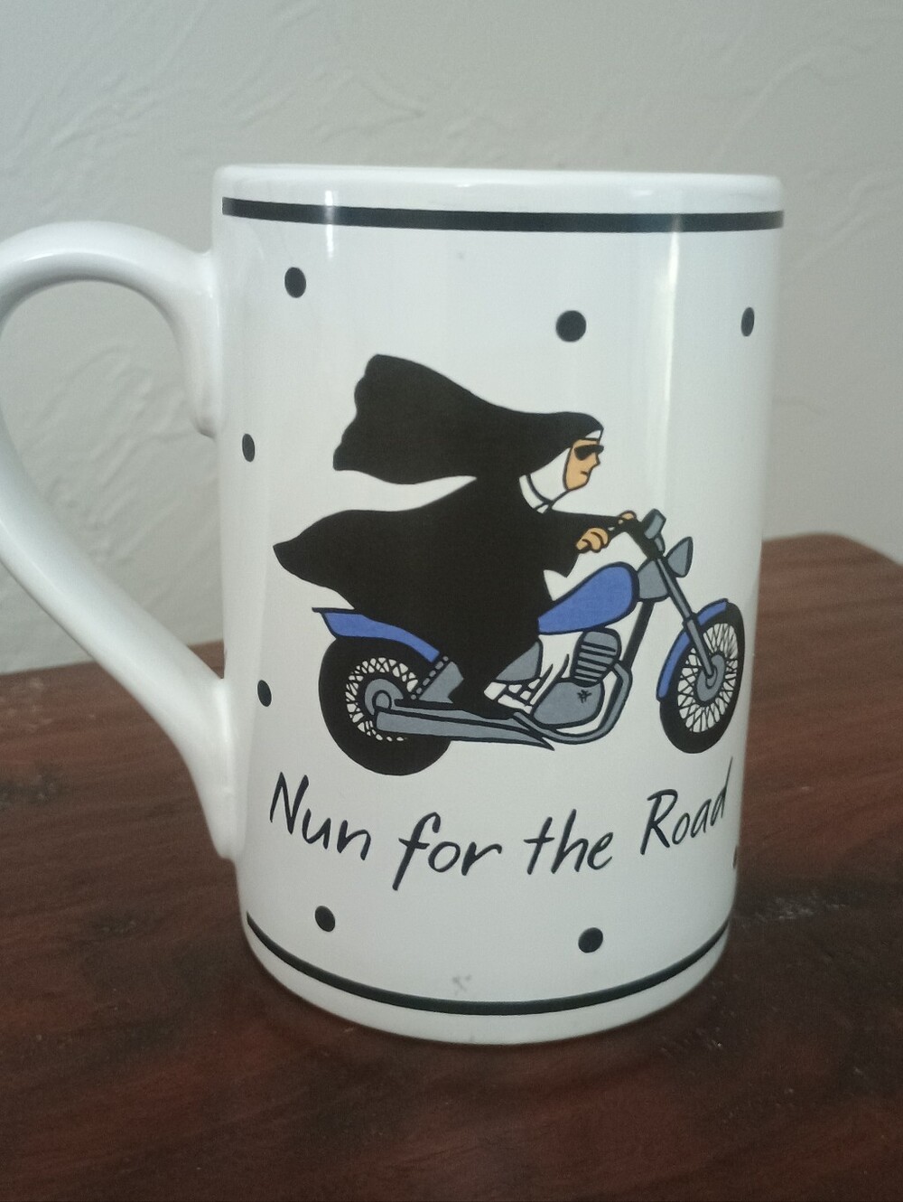 Santa Barbara Ceramic Design "Nun for the Road" Mug Jill Seale Nun on Motorcycle